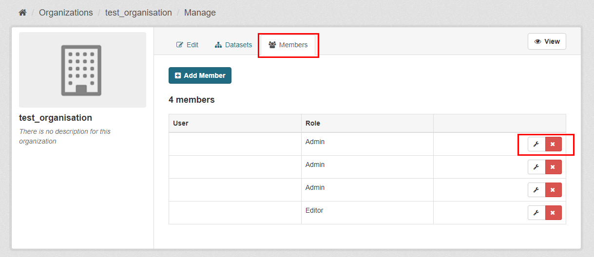 the data custodian is directed to click on the red X button next to the name of the organisation member they wish to remove