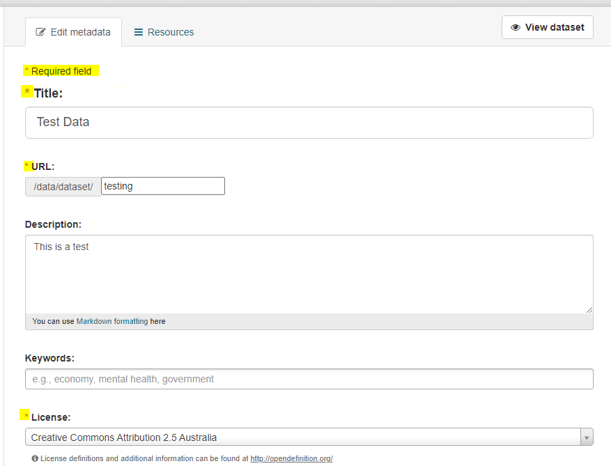 the data custodian is directed to a page containing editable fields. the mandatory fields have been highlighted
